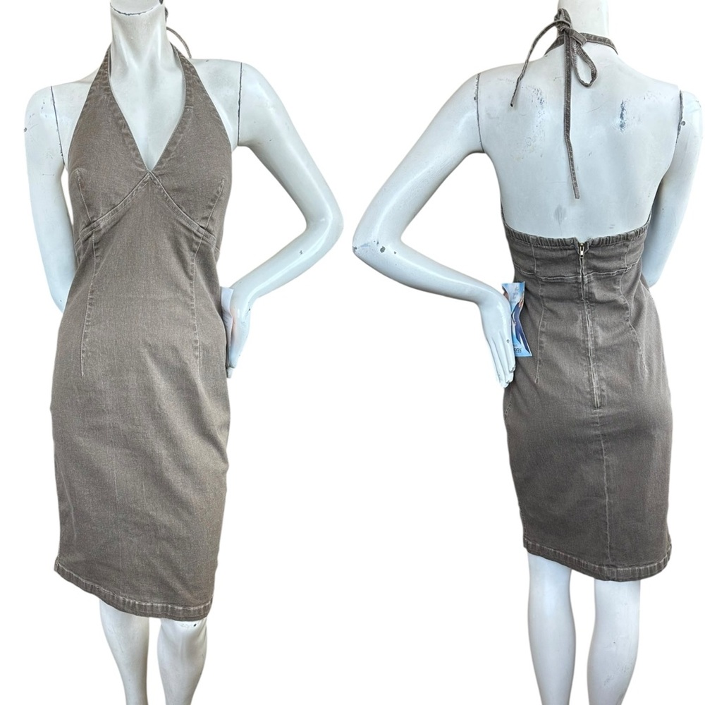 Vintage 90s Y2K Deadstock Newport News Moss Brown Halter Neck Casual Dress Sz 10